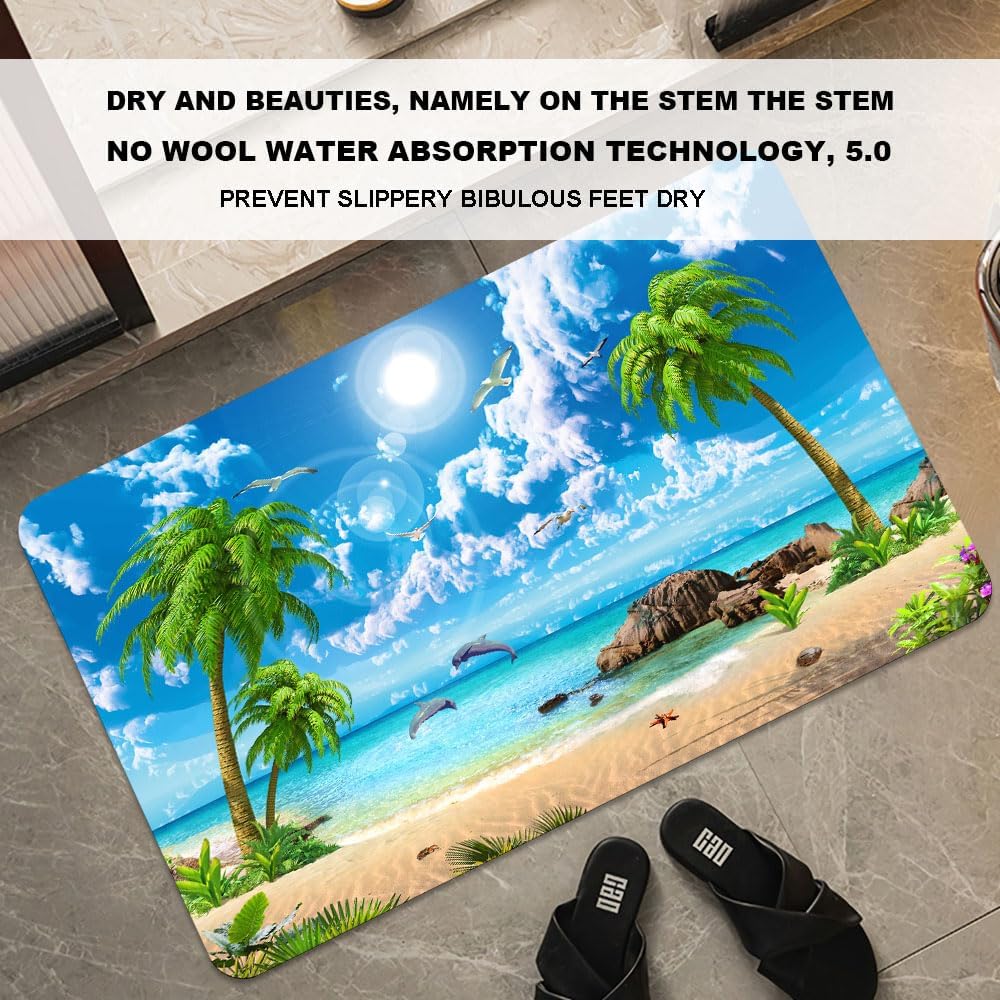 Bath Mat-Bathroom Rug，Summer Coconut Beach Dolphins-Absorbent Non Slip Quick Dry Stain Resistant
