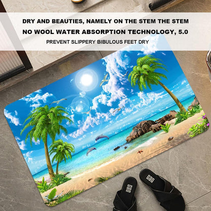 Bath Mat-Bathroom Rug，Summer Coconut Beach Dolphins-Absorbent Non Slip Quick Dry Stain Resistant