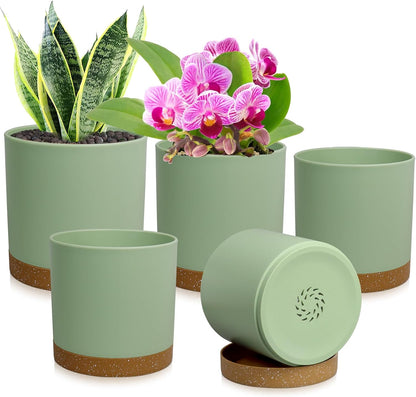 5 Pack Cylindrical Flower Pots with 7/6.5/6/5/4 inch, Modern Small Plastic Plant Pots with Drainage