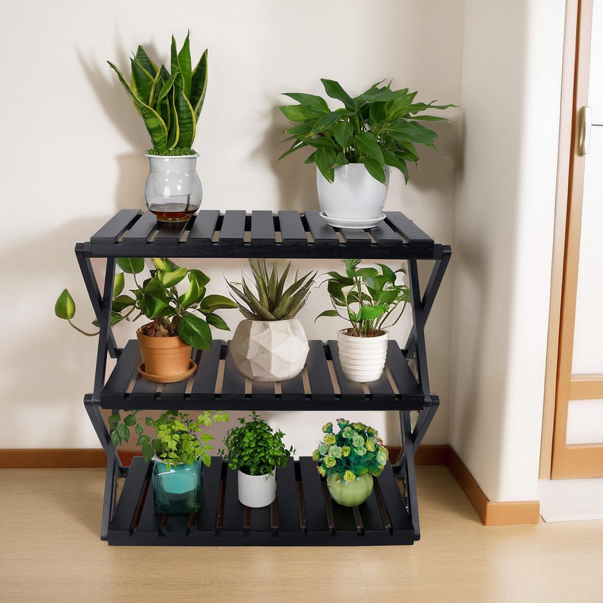 BEEFURNI Acacia Stand Indoor, Wooden Outdoor Plant Stand, Foldable Corner, 3 Tier Plant Stand, Easy