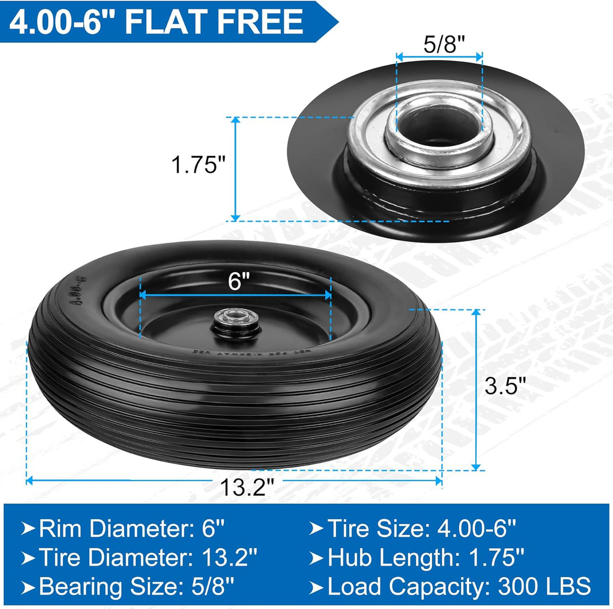 4.00-6 Flat Free Wheelbarrow Tires and Wheels, 13 Inch Wheelbarrow Tires with 5/8" or 3/4"