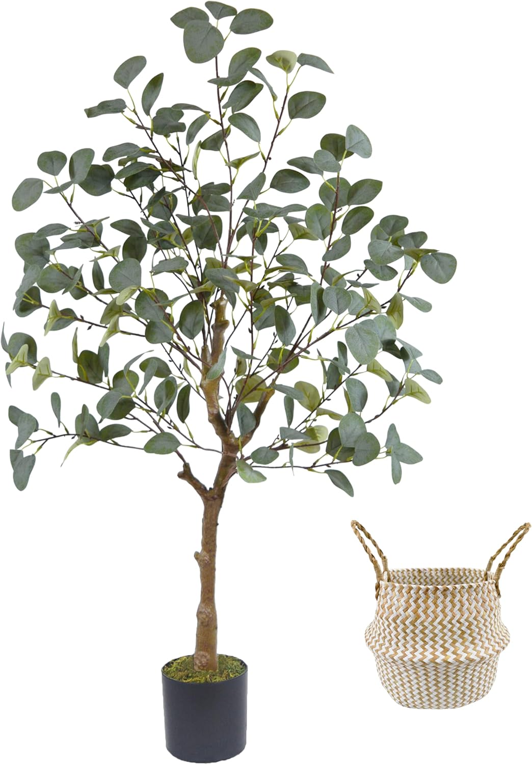 Artificial Eucalyptus Tree, 4ft Tall Green Silk Leaves Perfect Faux Plant with Basket, Mordern Fake