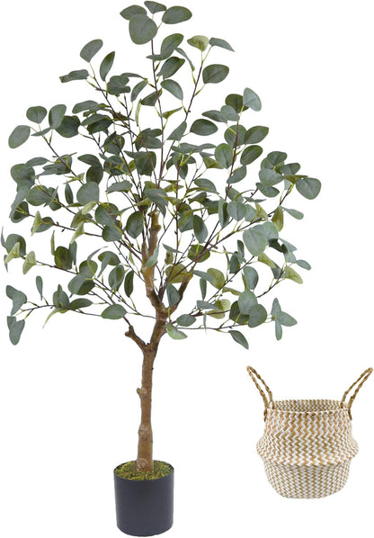 Artificial Eucalyptus Tree, 4ft Tall Green Silk Leaves Perfect Faux Plant with Basket, Mordern Fake