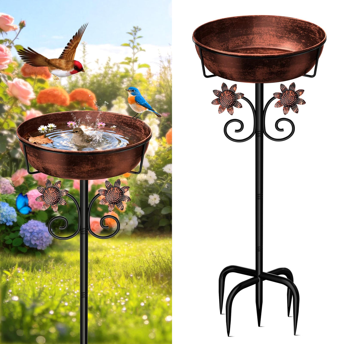 3" Deep Metal Bird Bath for Outside, Removable 12" Dia Vintage Bird Baths Bowl for Outdoors with