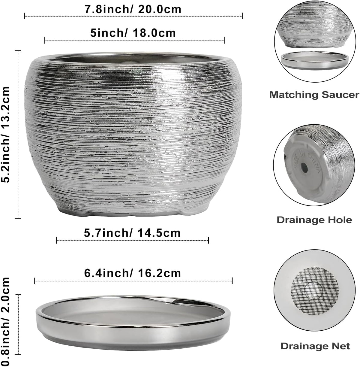 SQOWL Ceramic Pot for Plants - 8 Inch Planter with Drainage Hole and Saucer, Round Planter Indoor