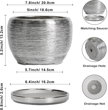 SQOWL Ceramic Pot for Plants - 8 Inch Planter with Drainage Hole and Saucer, Round Planter Indoor