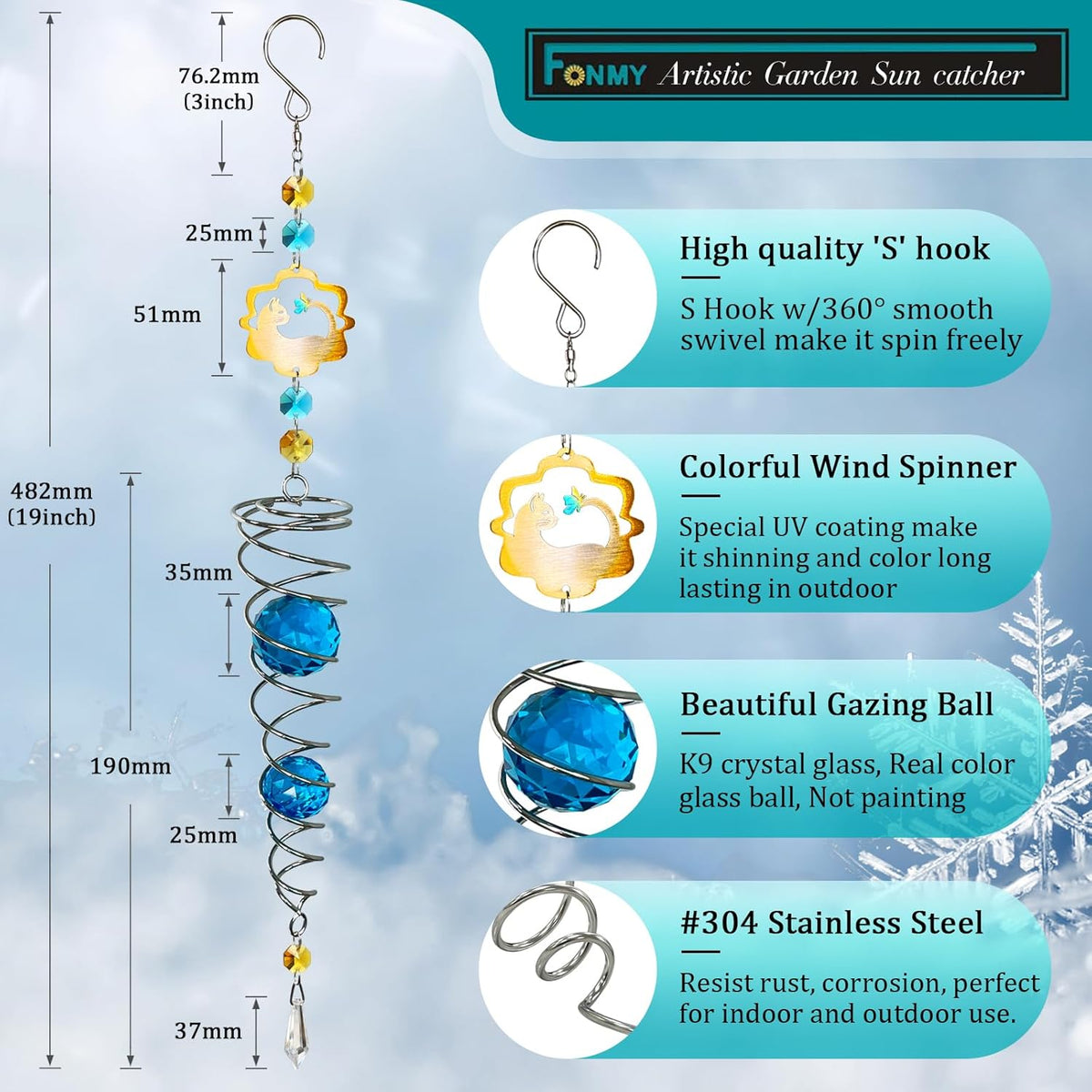 FONMY Cat Gazing Ball Spiral Tail Wind Spinner Sun Catcher Rainbow Maker Silver Spiral W/Blue K9