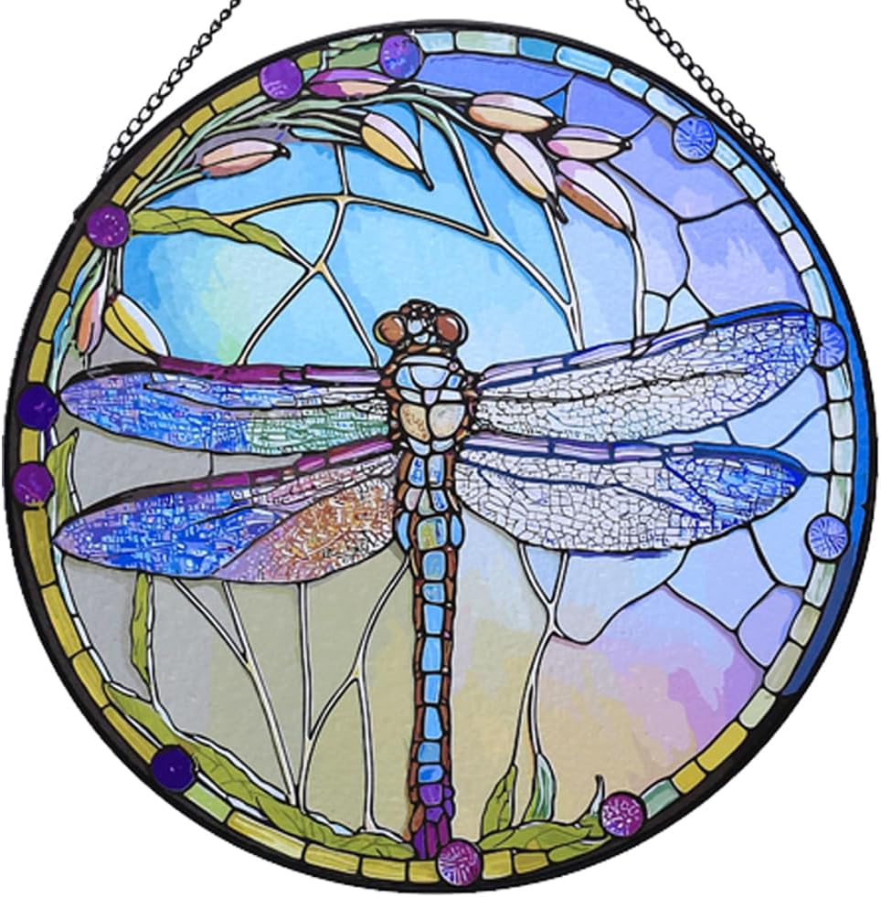 12 Inch Stained Glass Window Hanging, Large Dragonfly Suncatcher, Stained Glass Window Suncatcher