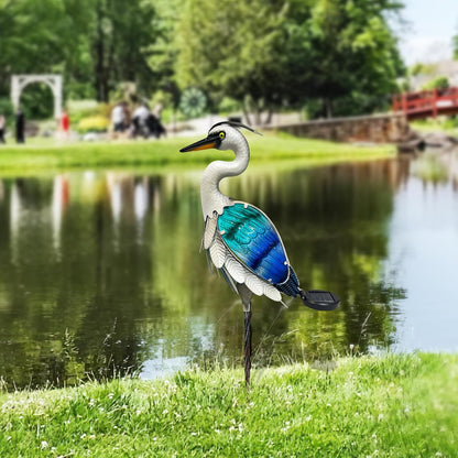 HONGLAND Solar Metal Crane Statue Garden Heron Sculpture, Glass Outdoor Heron Yard Art Coastal