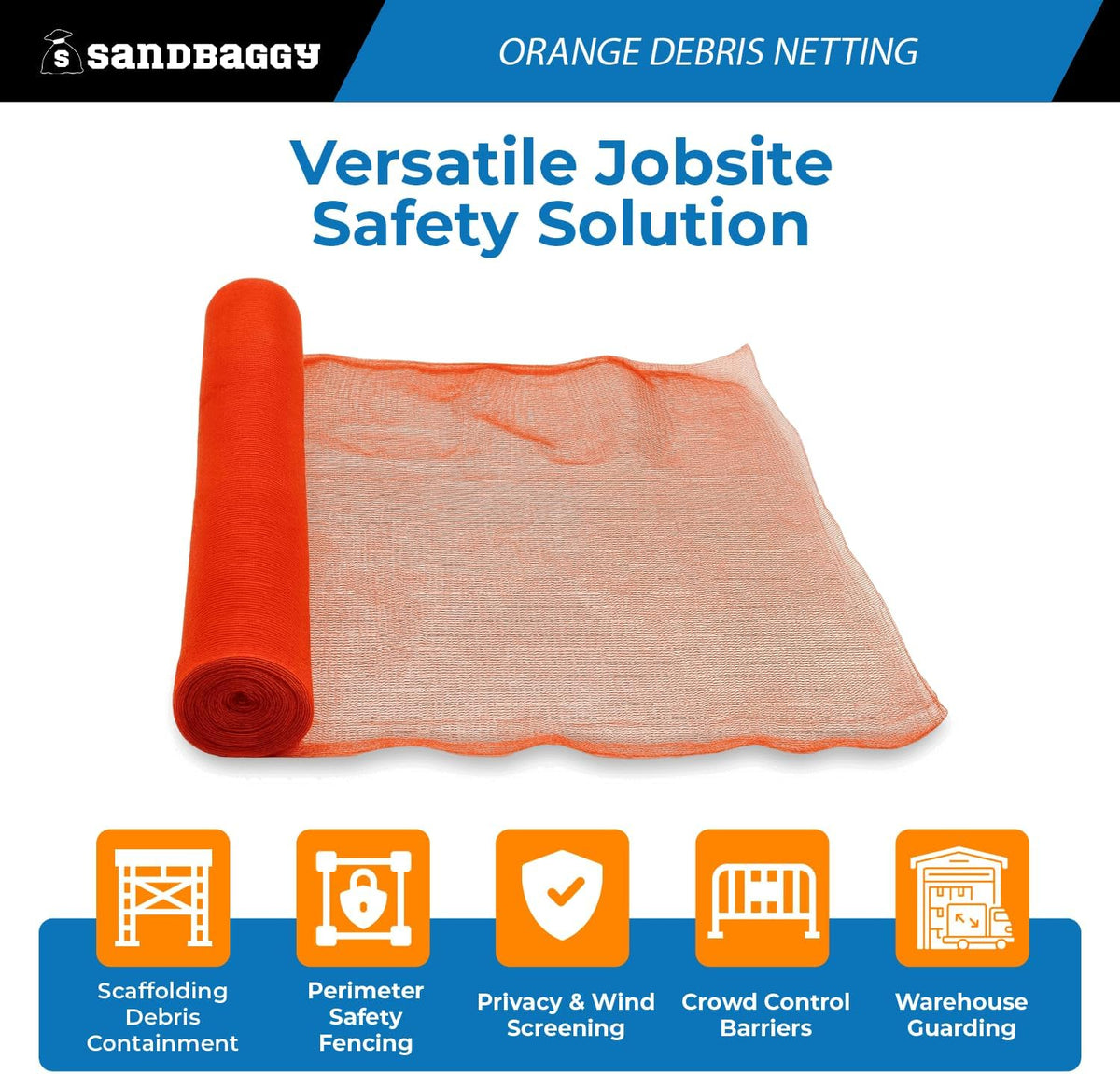 Sandbaggy Fire Resistant Debris & Safety Netting | Orange Construction HDPE Mesh (75, 4 ft x 150 ft)