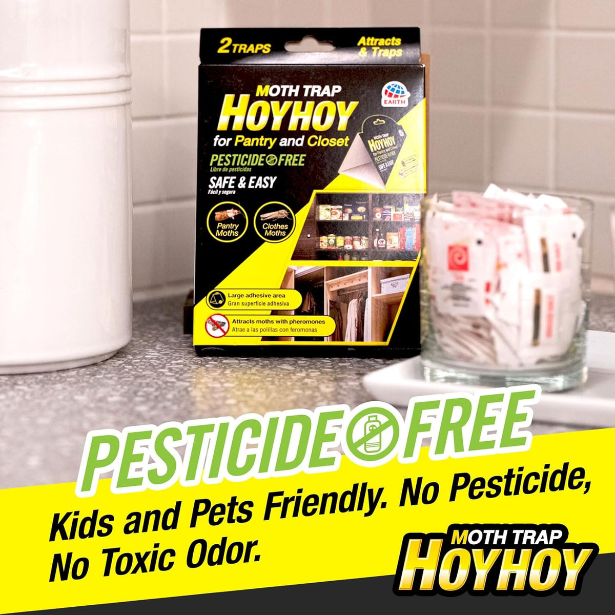 HOY HOY Pheromone-Infused Glue Traps – 4 Traps (2 Packs), Effective for Pantry & Closet Moths, Dual