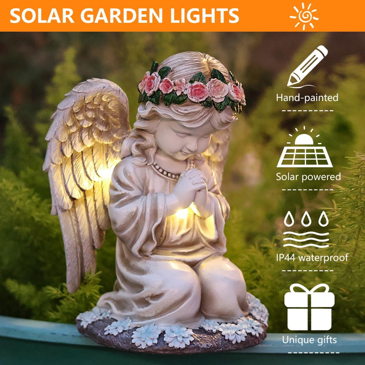 Solar Garden Outdoor Statues Lights, Resin Angel Figurine Light for Patio, Balcony, Yard, Lawn