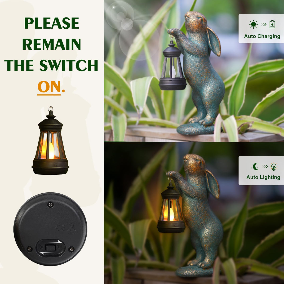 MININOVA Garden Statues Rabbit with Solar Lantern Resin Outdoor Bunny Figurines Decorations for