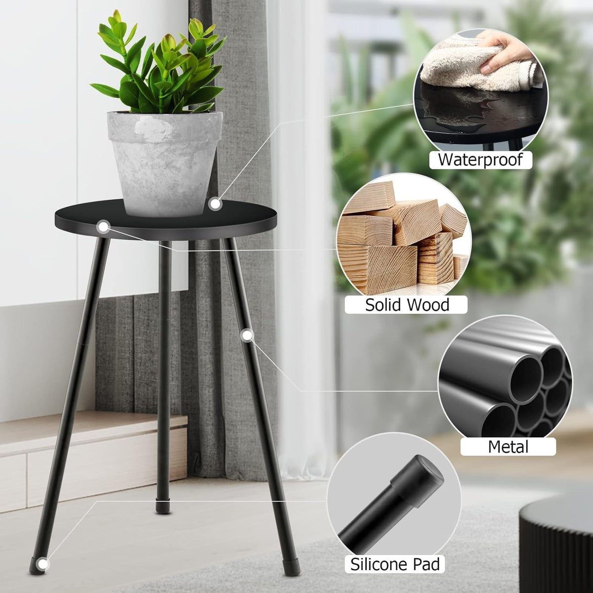 Tall Plant Stand, Mid Century Wood Indoor Plant Stand Black Plant Table for Flower Pots, Metal
