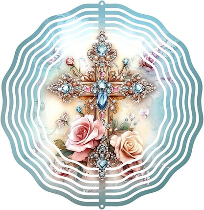 Cross Flower Wind Spinner, Metal Wind Spinners Outdoor/Indoor, God Cross Hanging Garden Decor for