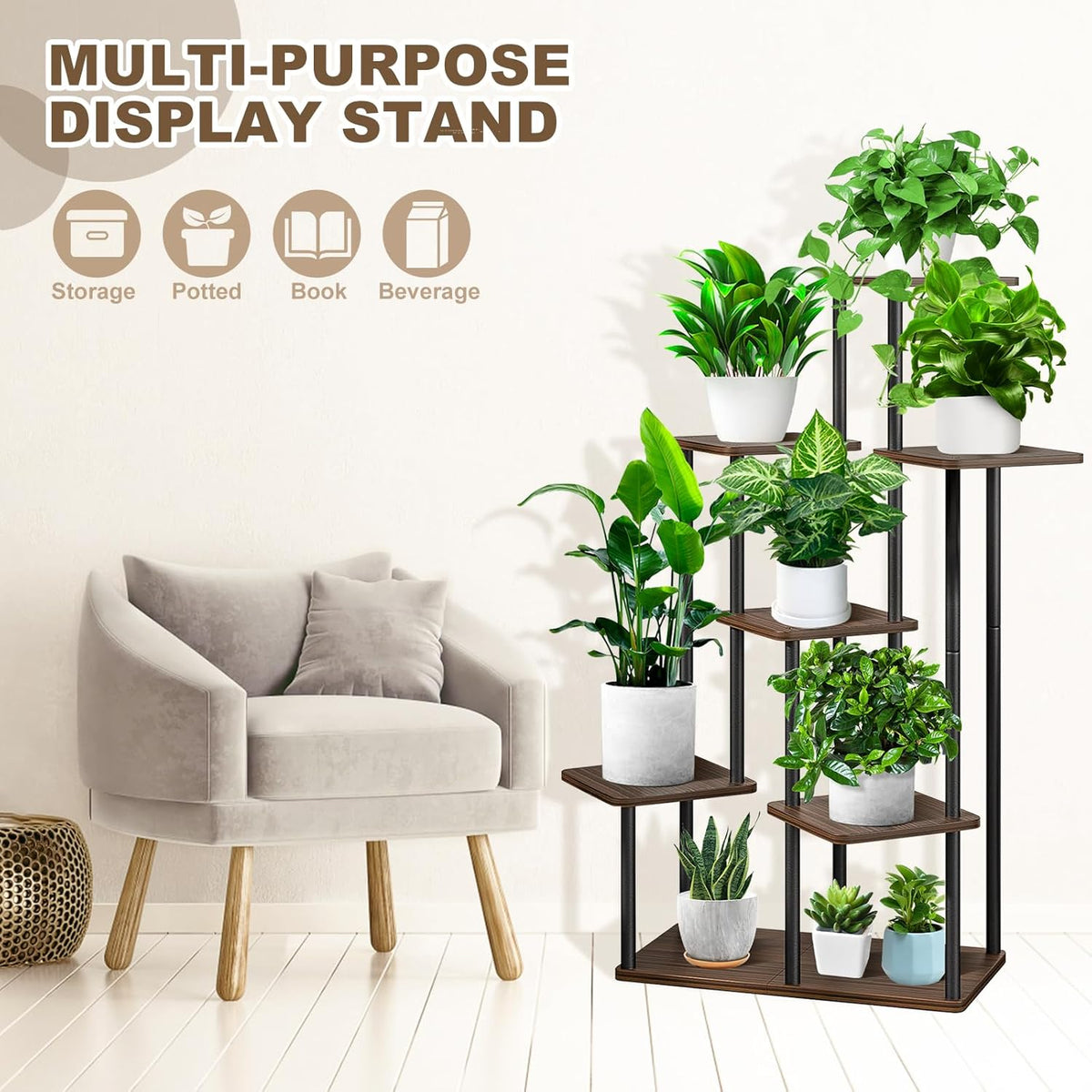 7 Tier Wood Tall Plant Stand Metal Rack Indoor, Multiple Flower Pot Holder Shelves Corner Rack