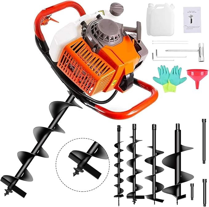62cc Post Hole Digger 2-Stroke Petrol Gas Powered Earth Digger with 3 Extension Rods（8" 12" & 20"）