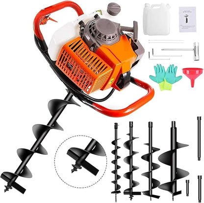 62cc Post Hole Digger 2-Stroke Petrol Gas Powered Earth Digger with 3 Extension Rods（8" 12" & 20"）