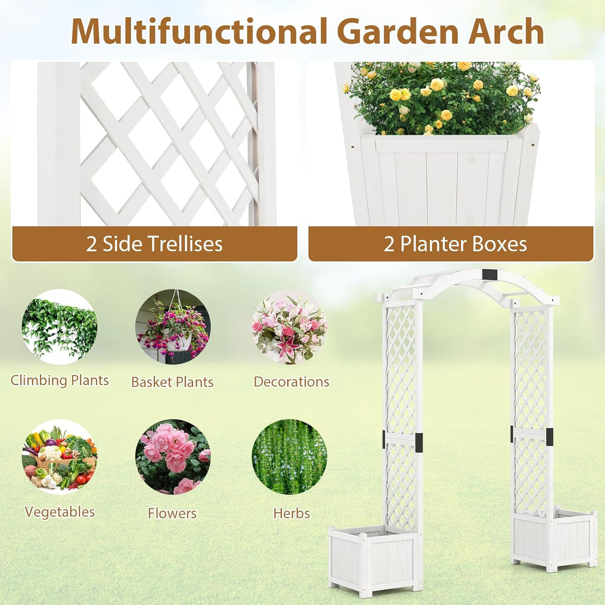 Giantex Garden Arbor with Planter Boxes, Wooden Arch with Trellis and Raised Garden Bed for
