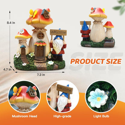 Json Solar Garden Statue Lights Mushroom Fairy House Figurine, Outdoor Memorial Garden Ornaments