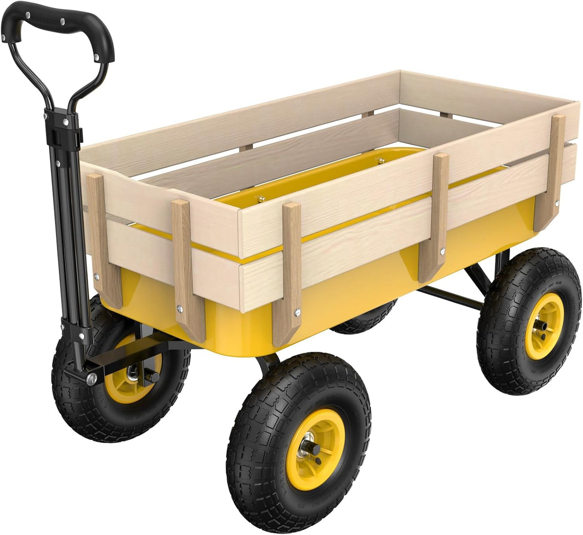 VINGLI Wagon Cart, Steel Frame and Wood Coated Railing, 330lbs All Terrain Wagon 9.2in Solid Tires