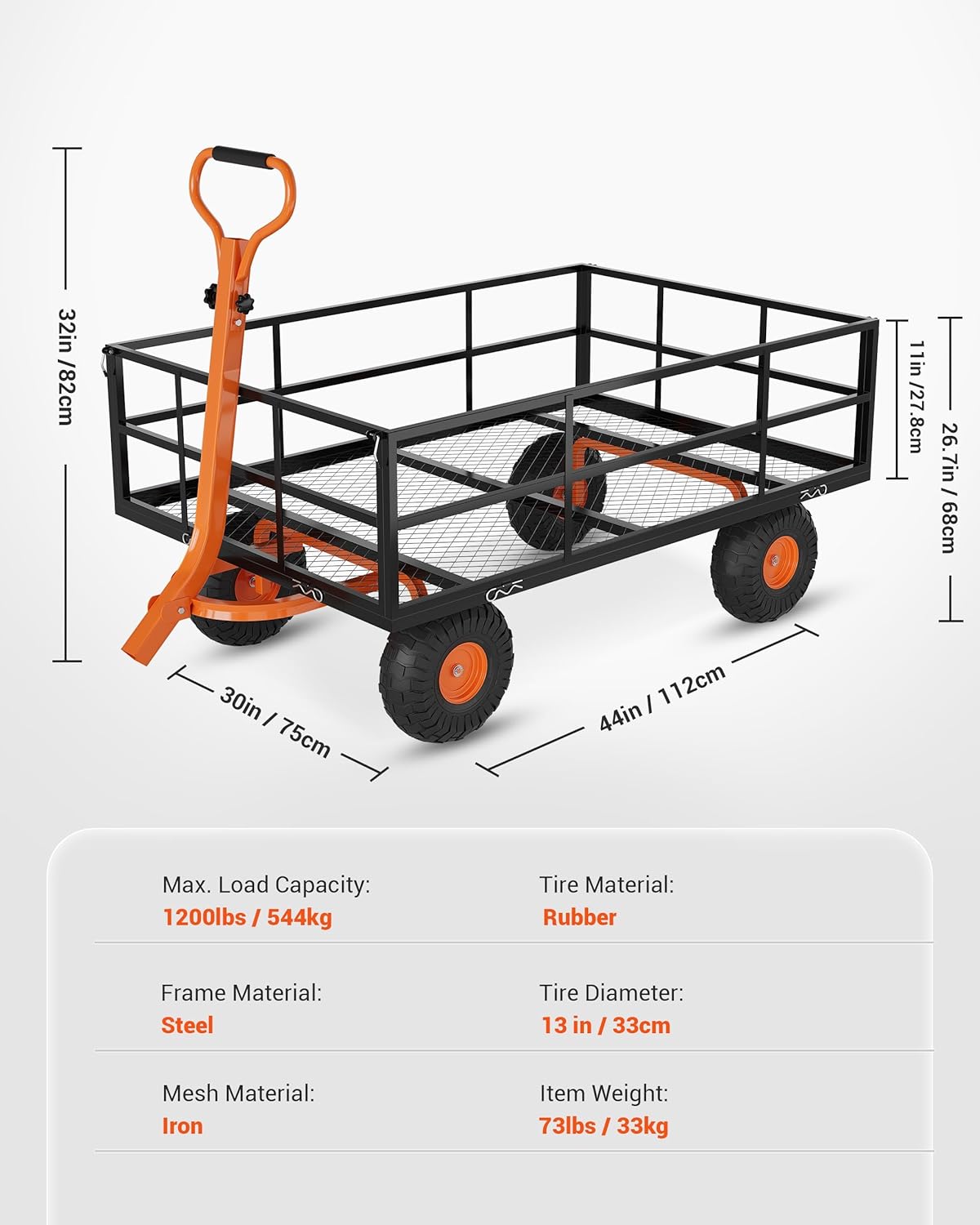 Metal Wagon - 1200lbs Garden Cart with 10" Multi-Terrain Tires, 4 Removable Mesh Sides & 180°