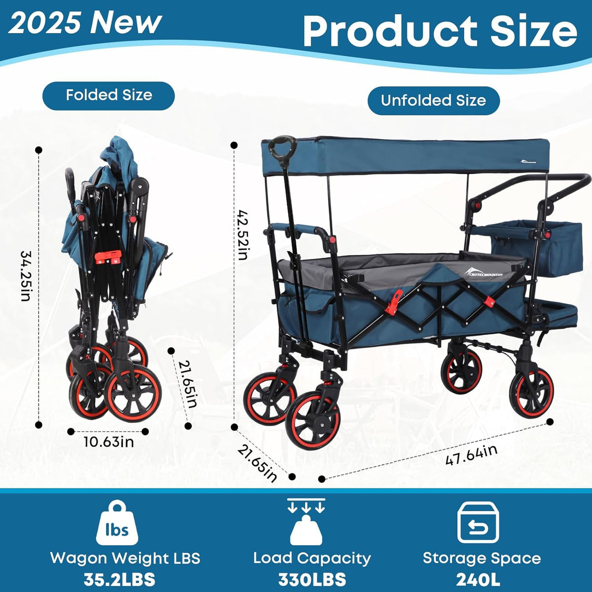 Collapsible Canopy Wagon,Large Capacity Trolley, Foldable Portable Cart with Canopy, Adjustable