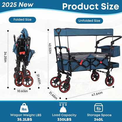 Collapsible Canopy Wagon,Large Capacity Trolley, Foldable Portable Cart with Canopy, Adjustable