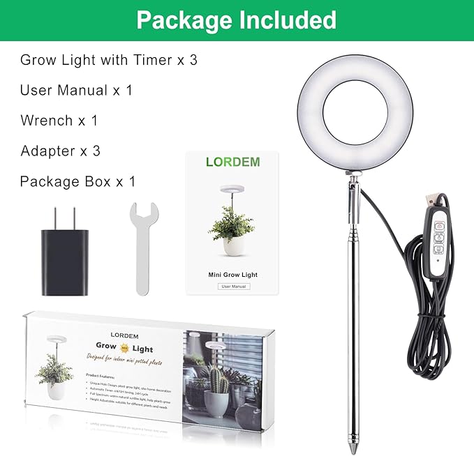 LORDEM Grow Light, Full Spectrum LED Plant Light for Indoor Plants, Height Adjustable Growing Lamp