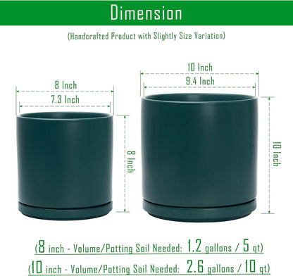D'vine Dev 8 Inch & 10 Inch Ceramic Planter Pot for Plants with Drainage Hole and Saucer, Large