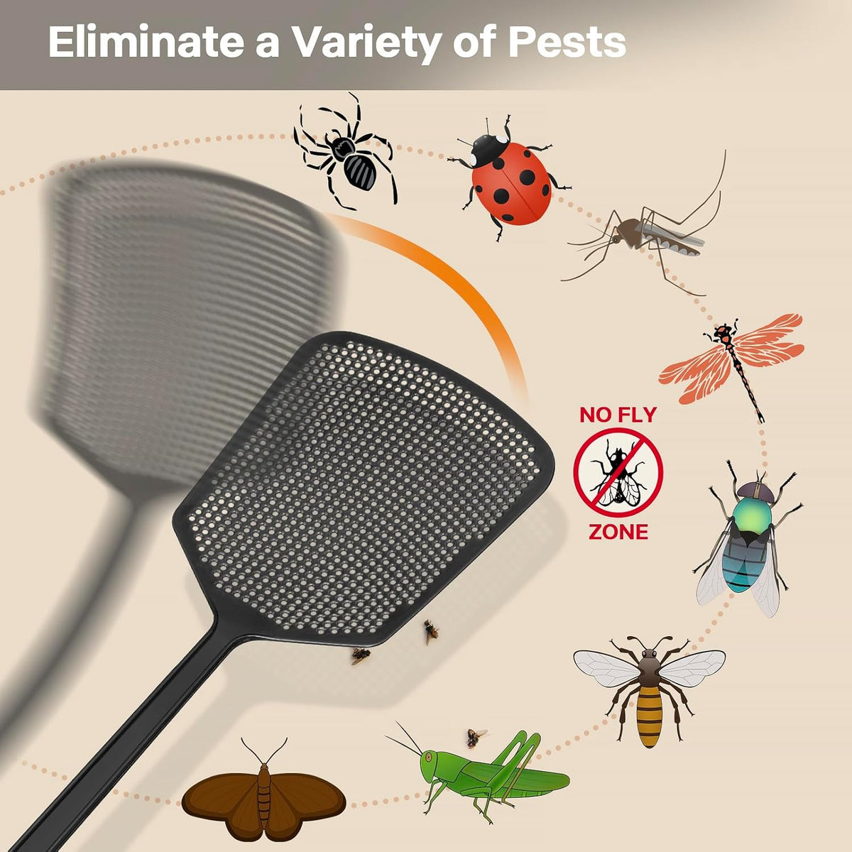 Fly Swatters-Begonia Flexible Heavy Duty Thick Fly Swatters with Bigger Paddle, Black 6 Pack