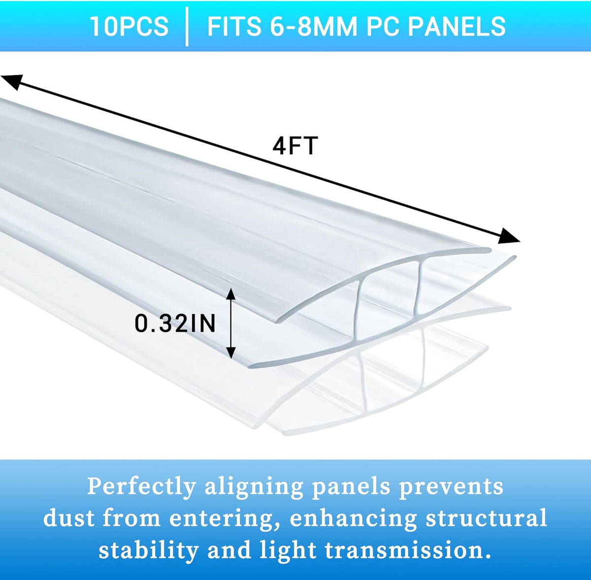 10 PCS Polycarbonate Greenhouse H-Clip Connectors 4ft Length, Fits 0.24’’ & 0.32’’ Twin-Wall