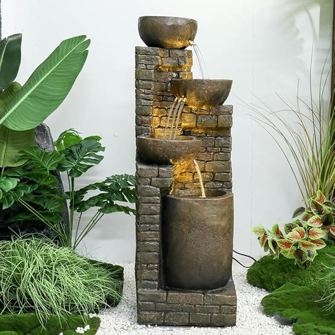 38.2 ''H Cascading Bowls and Stacked Stones with Led Lights Outdoor Water Fountain for Gardens