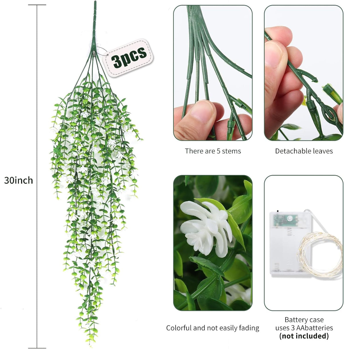 RECUTMS 3 Pcs Hanging Fake Plants Fake Vines Artificial Plants Large Faux Hanging Plant with 30 LED