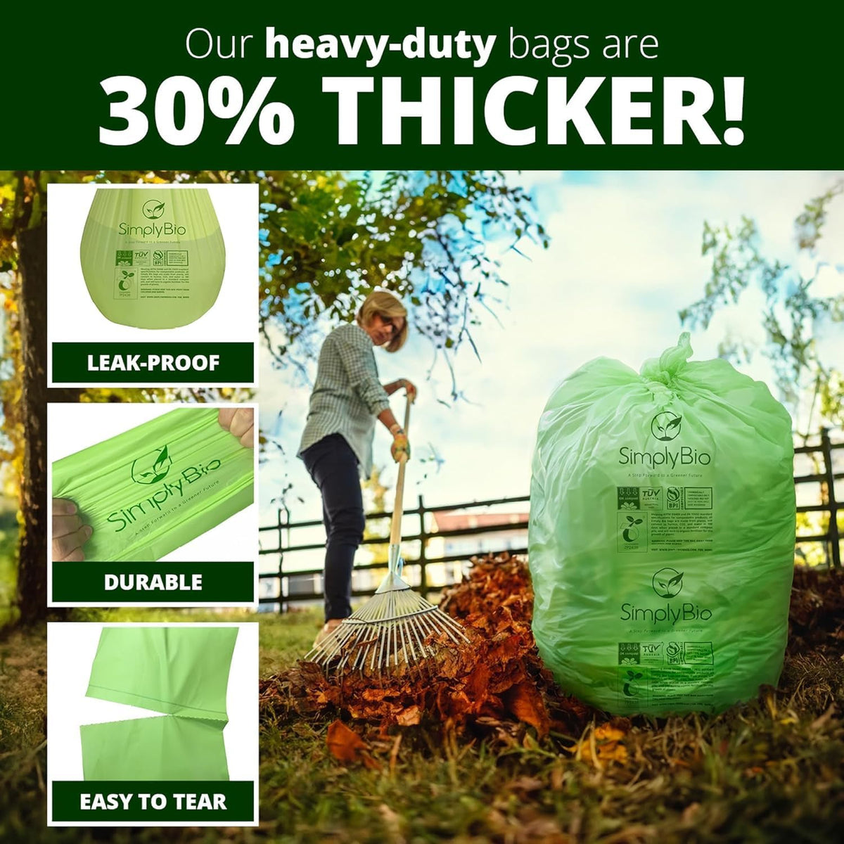 64 Gallon Compostable Trash Bags Flat-Top, Heavy Duty Extra Thick 2 Mil, 242.27 Liter, 12 Bags