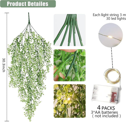RECUTMS Artificial Hanging Ferns 2.5ft Artificial Ivy Vine Greenery with 30 LED Large Faux Wall