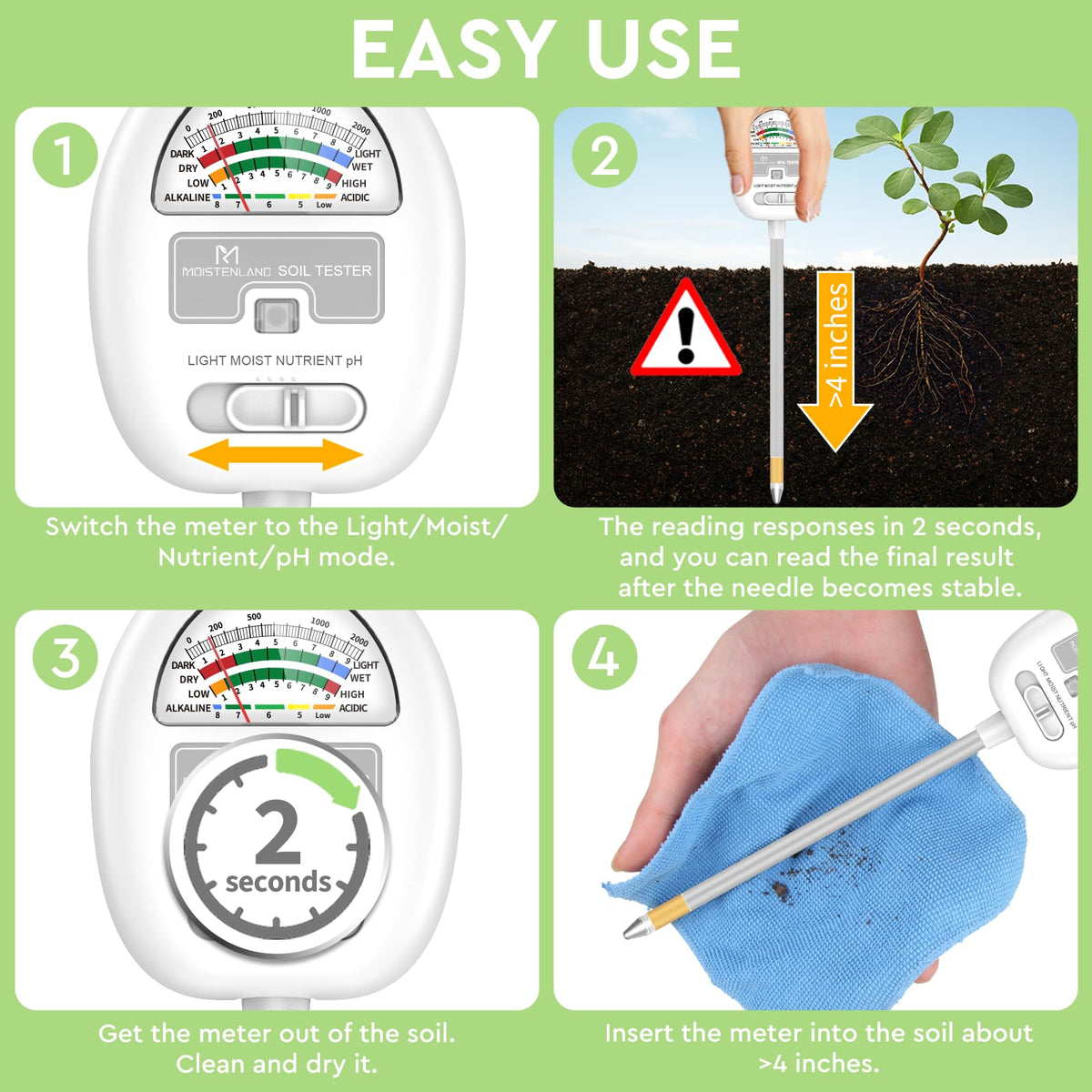 [Upgraded] Soil Moisture Meter, 4-in-1 Soil pH Tester, Moisture/Light/Nutrients/pH Meter for