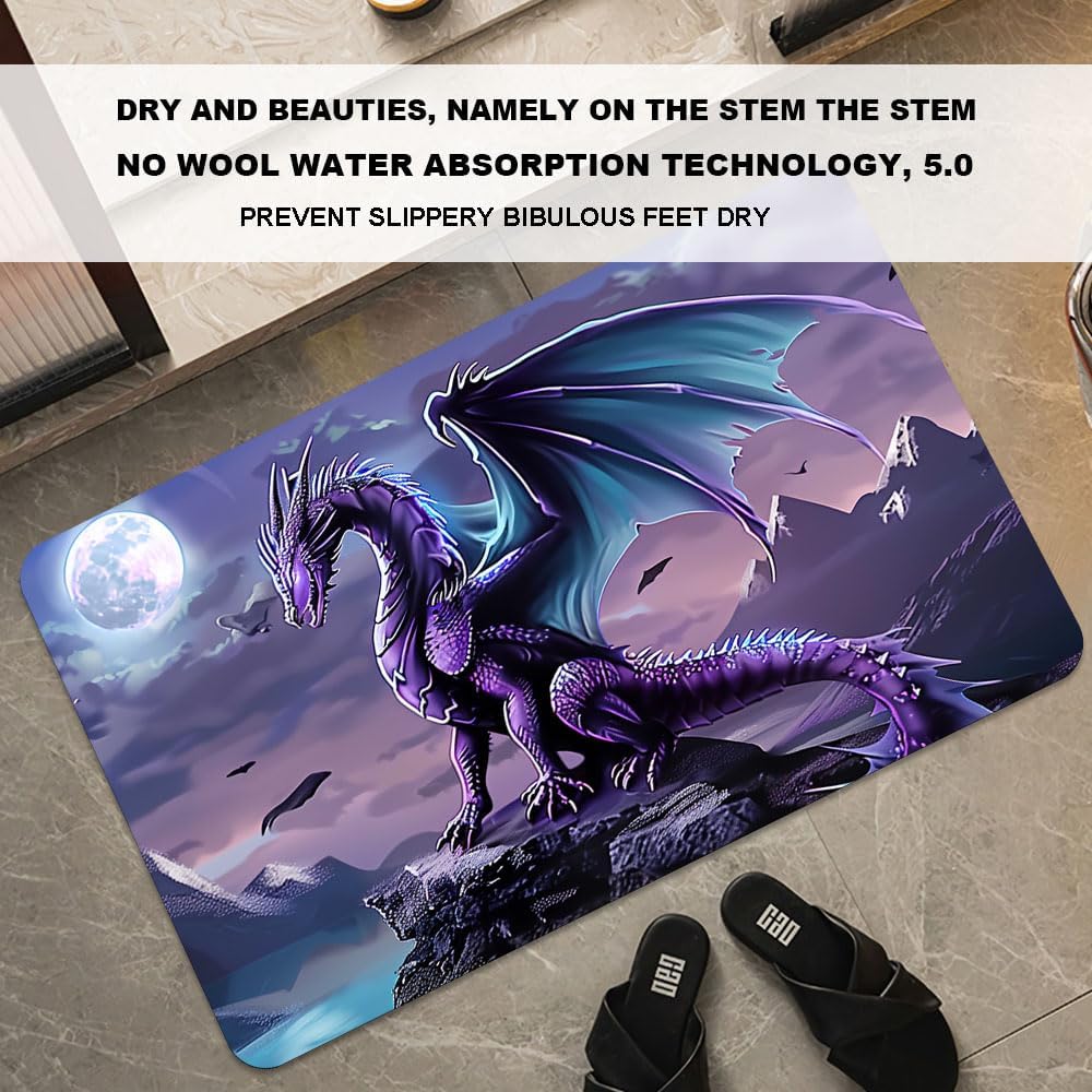 Bath Mat-Bathroom Rug，Purple Dragon with Blue Wings-Absorbent Non Slip Quick Dry Stain Resistant