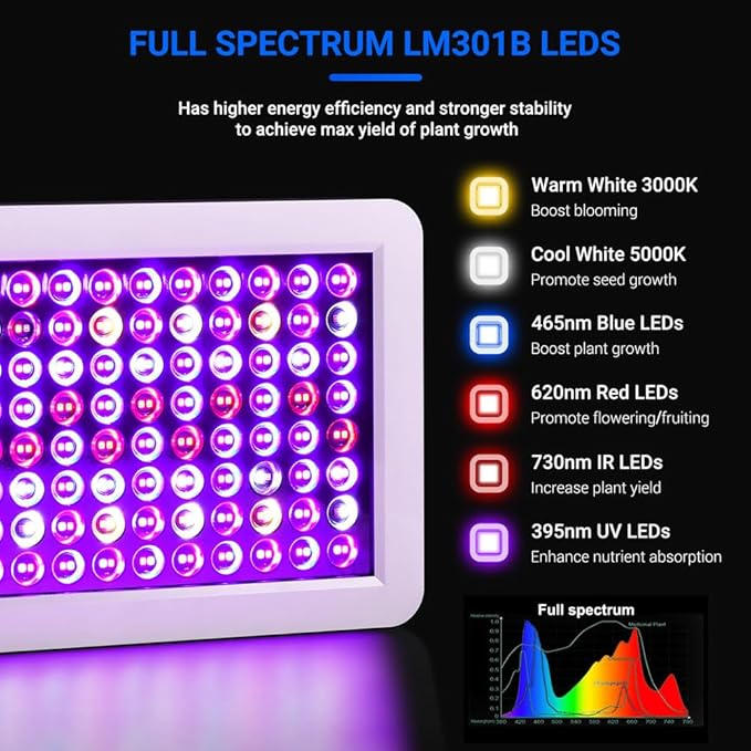 2024 Upgraded BW2000 LED Grow Lights Double Chips Full Spectrum with 10ft Cable for Greenhouse and