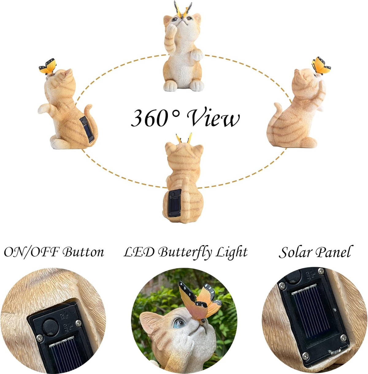 Garden Decor Solar Cat Figurines Cat Lover Gifts with LED Butterfly Lights for Indoor Outdoor Decor