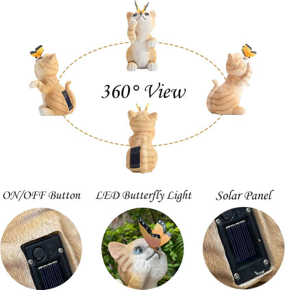 Garden Decor Solar Cat Figurines Cat Lover Gifts with LED Butterfly Lights for Indoor Outdoor Decor