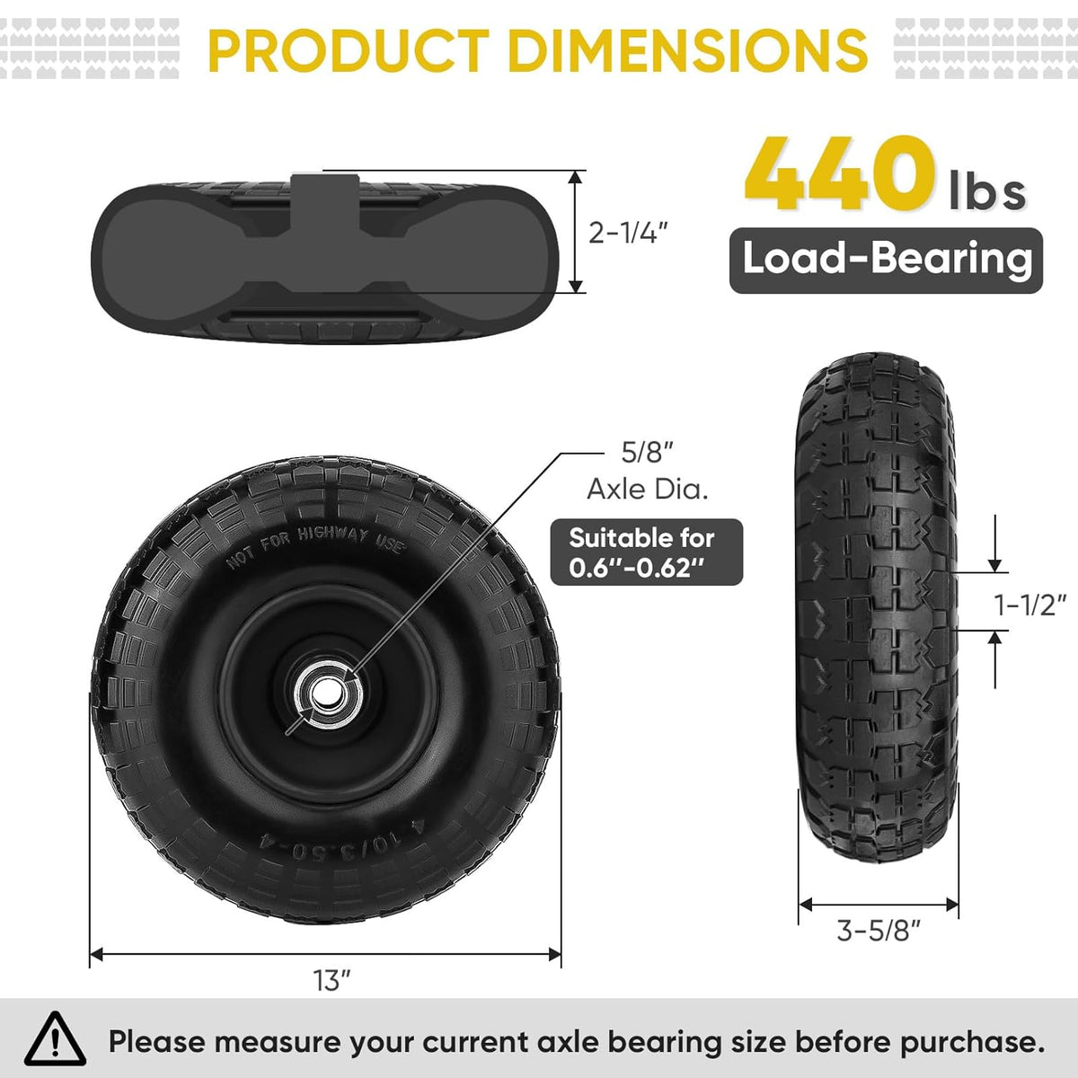 TICONN 4.00-6 Tire and Wheel Flat Free, 2 Pack 13" Solid Tires with 5/8" Axle Bore Hole and Double