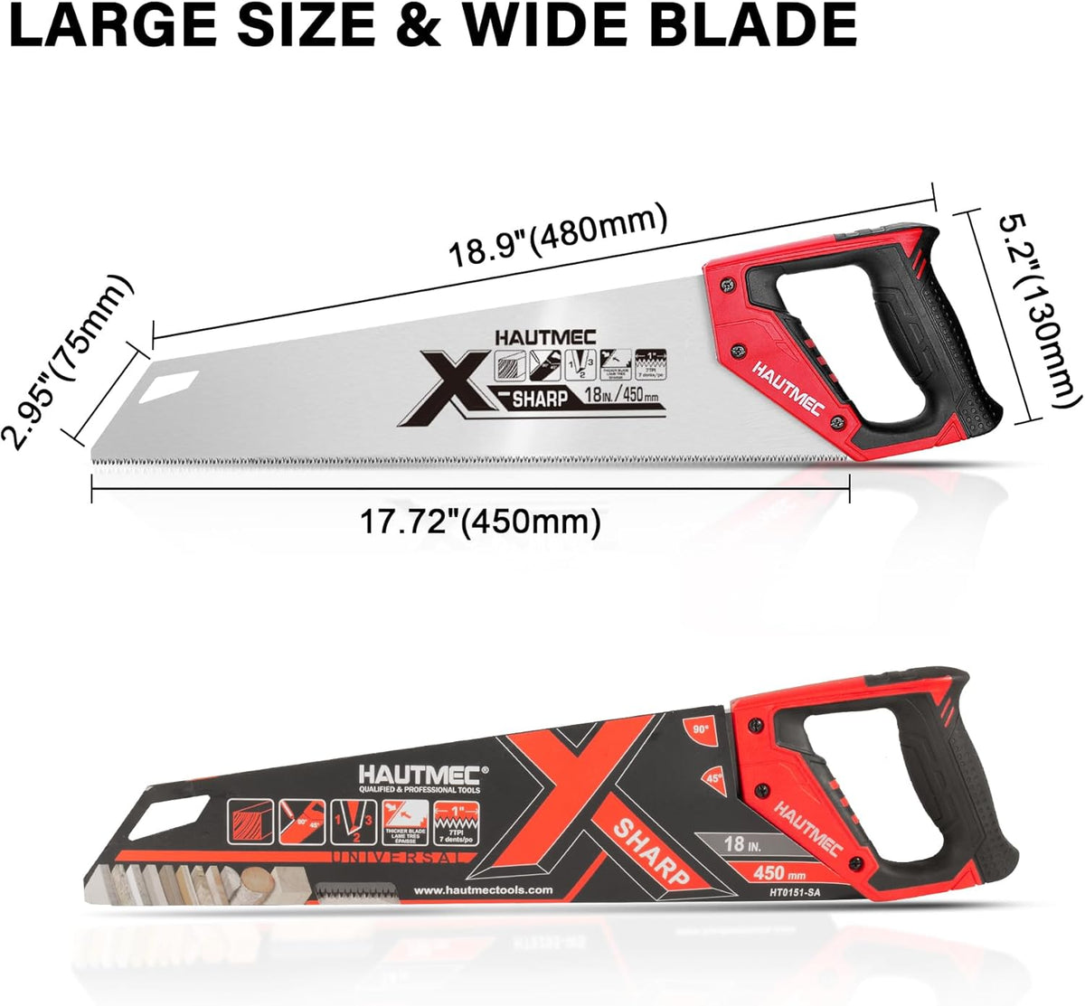 HAUTMEC 18" X-Sharp Pro Hand Saw for Speed and Quality Cuts, Universal Handsaw with 7 TPI /8PPI