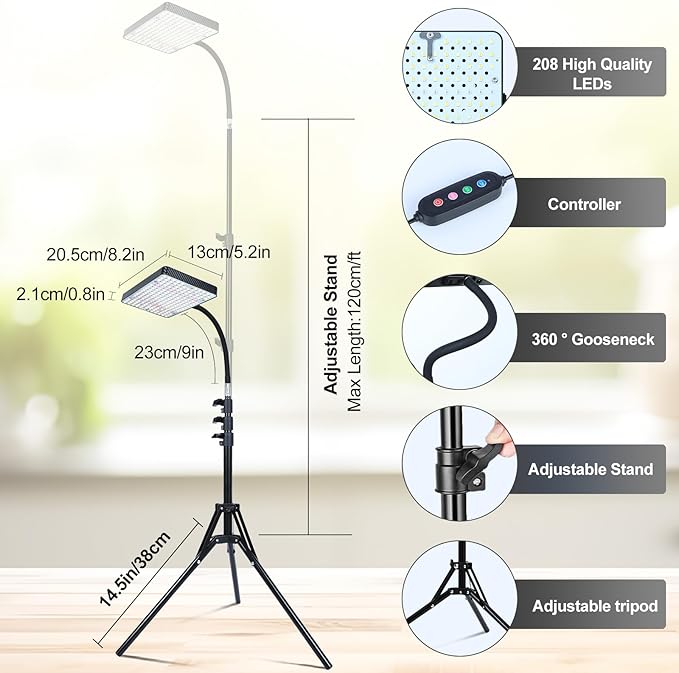 Grow Light with Stand and Timer, 25 Watt Power Home Plug Standing Tall Plant Light, Full Spectrum