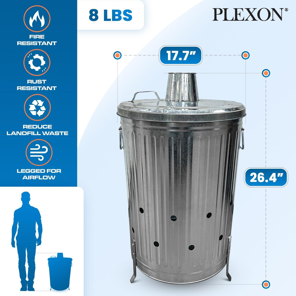 Plexon Metal Compost Bin Outdoor Burn Bin - Galvanized Trash Can with Lid Chimney and Vent Holes