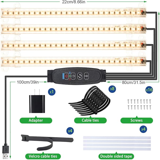 Four Head 8.6 Inches LED Grow Light Strips, Grow Lights for Indoor Plants Full Spectrum 3000K, 104