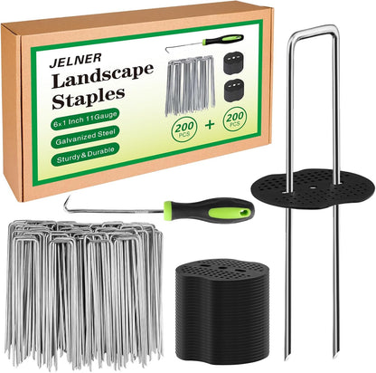 Garden Stakes,6 Inch 11 Gauge 200pcs Galvanized Landscape Staples and 200pcs Gaskets +1Pick Hook