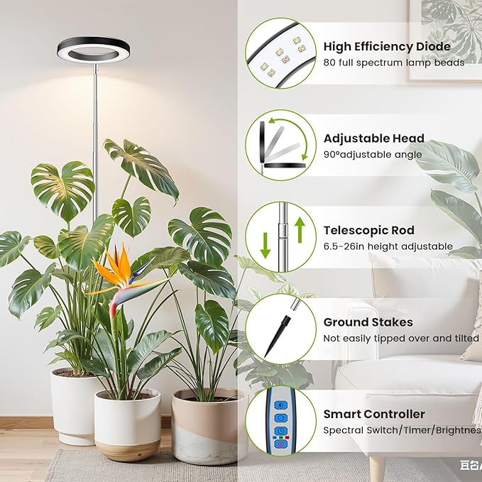 Black Grow Lights for Indoor Plants, Full Spectrum LED Plant Grow Light with 6/12/16H Timer, 3