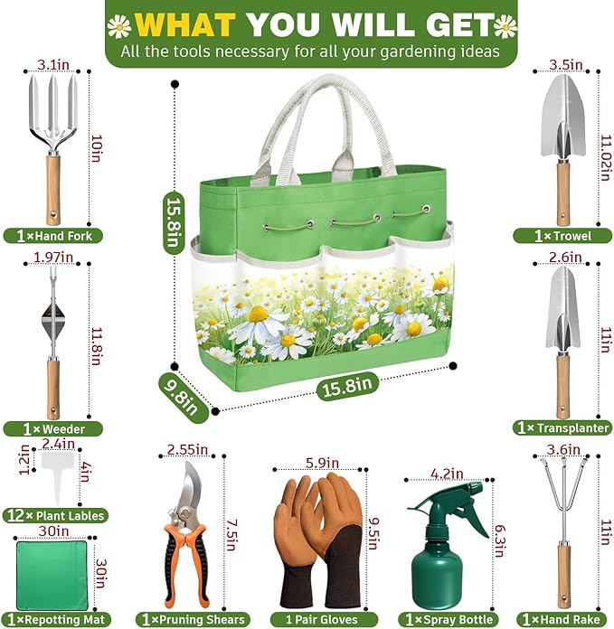 22Pcs Garden Tools Set for Women,Heavy Duty Hand Tool Kit with Large Tote Bag/Repotting