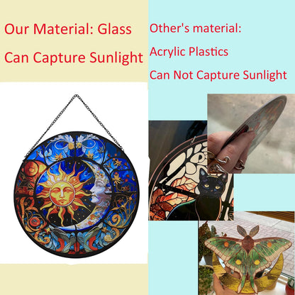 Hanging Stained Glass for Windows,20cm/7.87inch Sun and Moon Hand-Painted Sun Catcher Garden